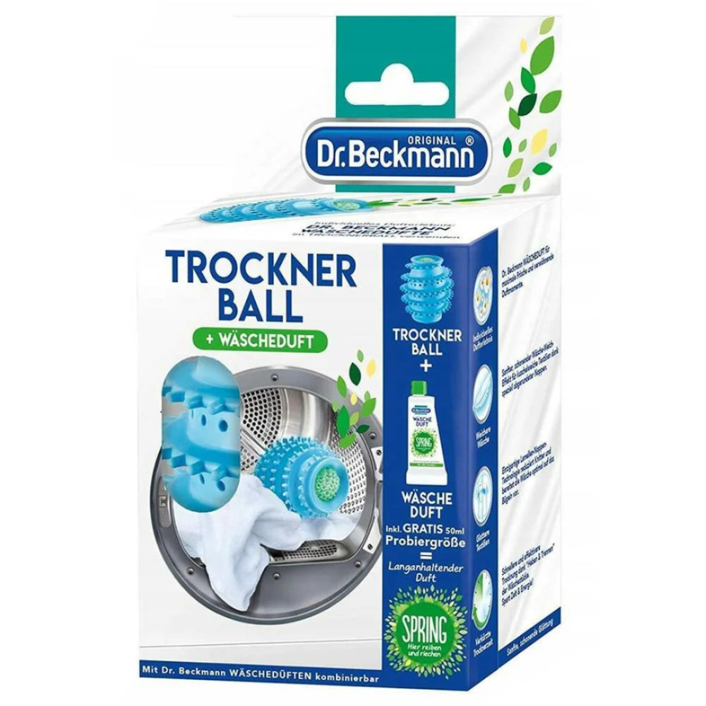 Džiļināšanas bumbiņas + mīkstinātājs “Dryer balls Dr. Beckmann”. Tīrītāji. Atkārtoti lietojamas žāvētāja bumbiņas maigi pūš apģērbu, samazinot statisko elektrību un paātrinot žāvēšanas laiku, padarot veļas mazgāšanu efektīvāku.