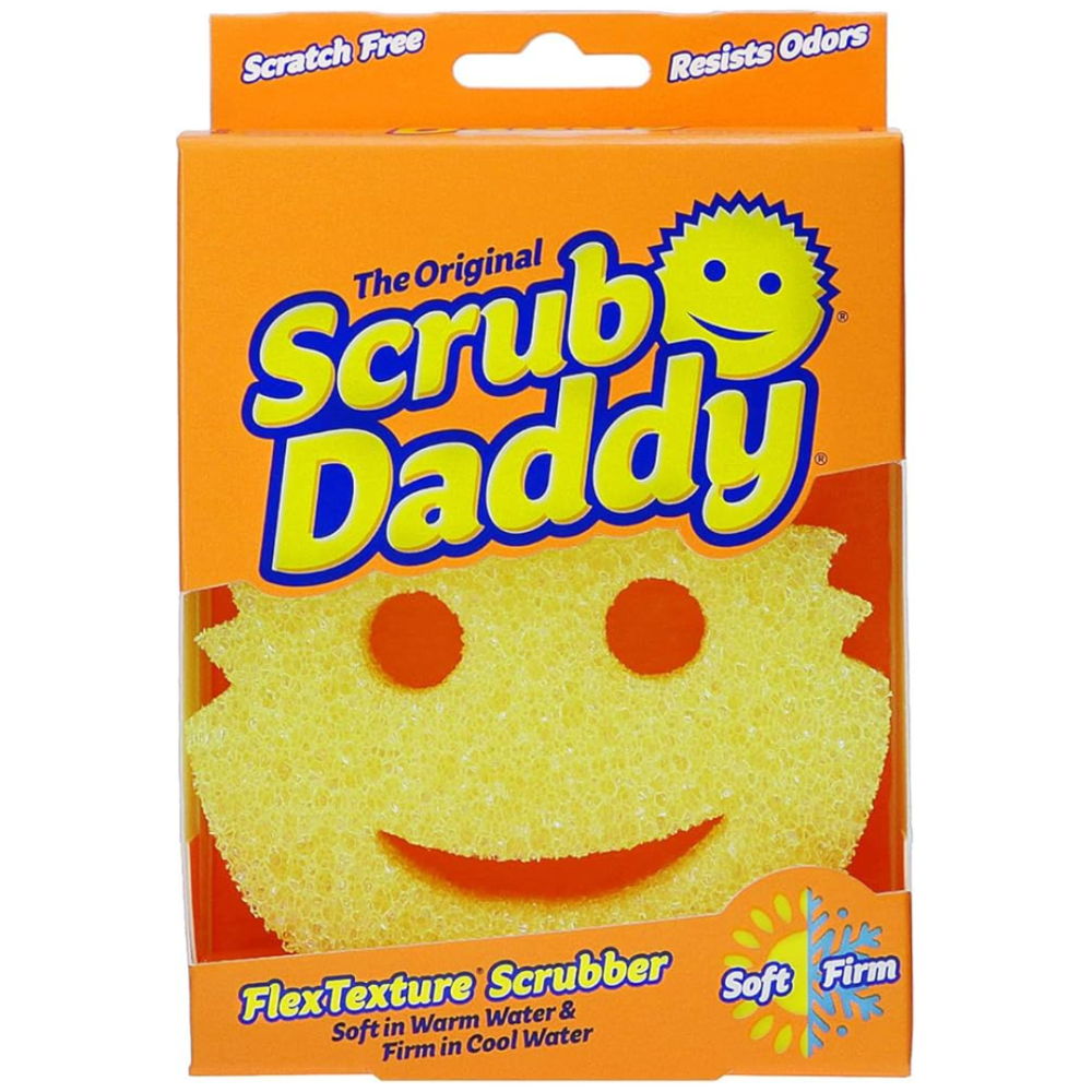 Sūklis „Scrub Daddy Yellow“. Sūkļi. Dzeltena scrub daddy sūklis ar smaidošu seju, paredzēts universālai tīrīšanai, stingrs aukstā ūdenī, mīksts siltā ūdenī.