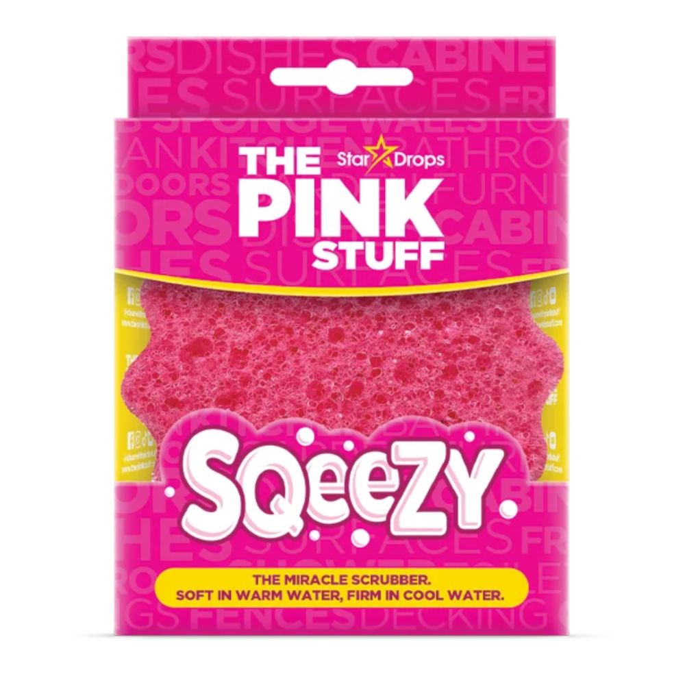 Sūklis „Sqeezy pink“. Sūkļi. Pink stuff sūklis: mīkstinās ar siltu ūdeni maigai tīrīšanai, sacietē ar aukstu ūdeni stingrai tīrīšanai, universāls visām virsmām.