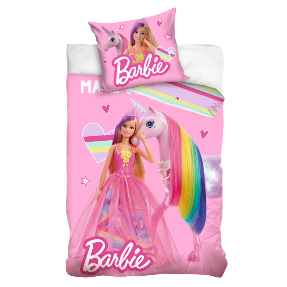 Gultas veļas komplekts „Barbie“. Bērnu gultas veļa, 140x200 cm. Rozā gultasveļas komplekts ar barbie un vienradžu motīviem, kas piešķir maģisku pieskārienu.