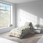 Gultas veļas komplekts "Dwellers". Bērnu gultas veļa, 140x200 cm. Rotaļīga balta gultasveļa, ko rotā dažādi krāsaini savvaļas dzīvnieku tēli, lai radītu rotaļīgu un dzīvīgu atmosfēru.